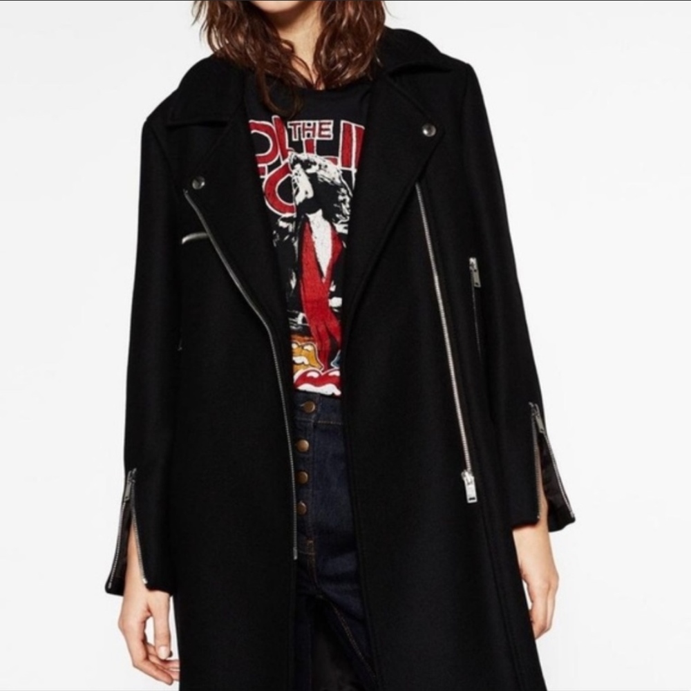 NWOT Zara Black Wool Blend Zippered Moto Jacket